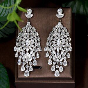Cubic Zirconia Long Dangle Water Drop Earrings